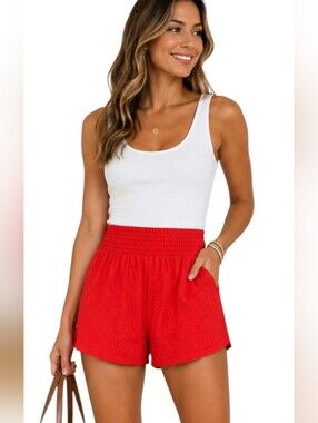 Cabana by Crown & Ivy Red Eyelet Embroidered Smocked Shorts Size M NWT